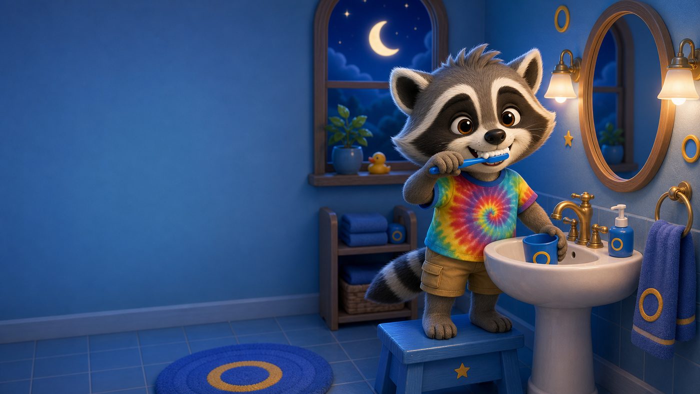 Rocky the Raccoon brushing teeth before bed
