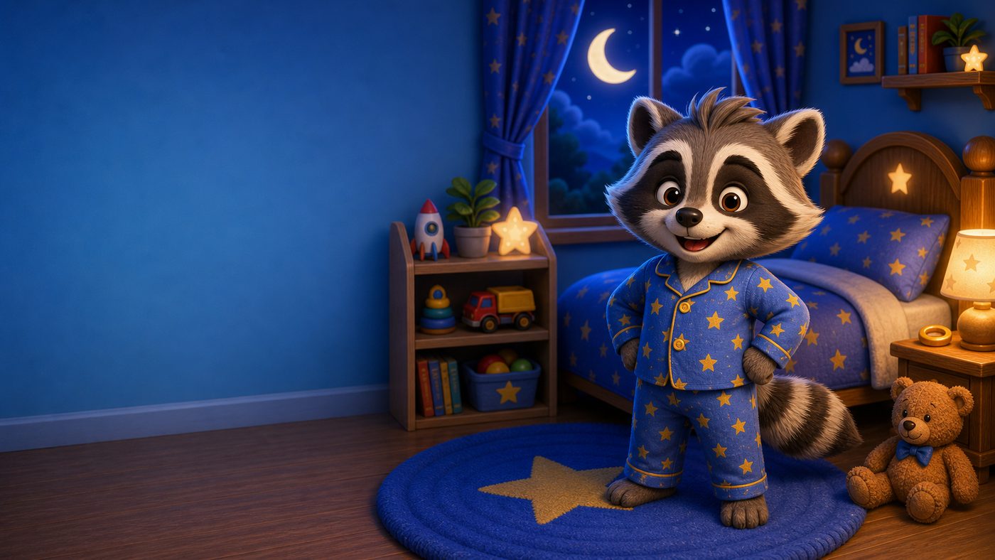 Rocky the Raccoon ready for a parent-added bedtime task