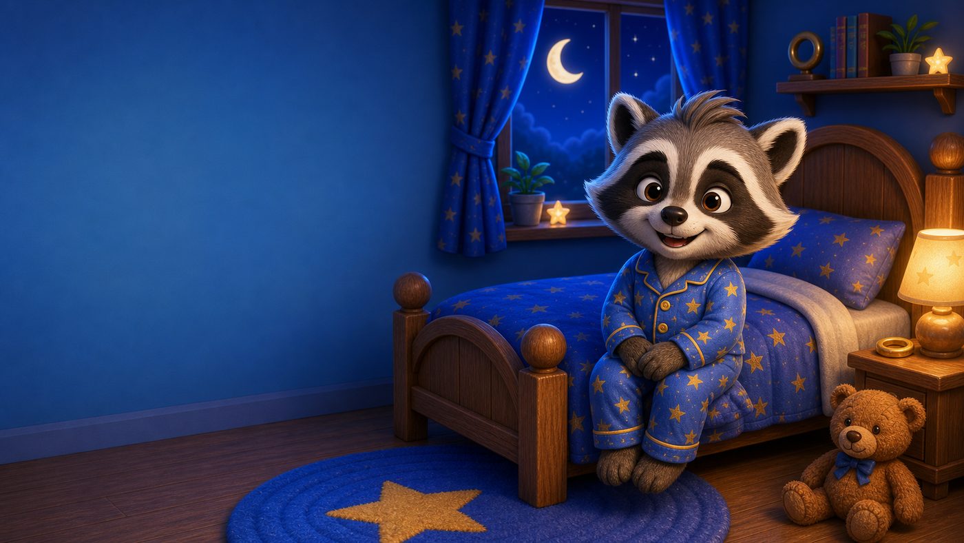Rocky the Raccoon ready for a parent-added bedtime task
