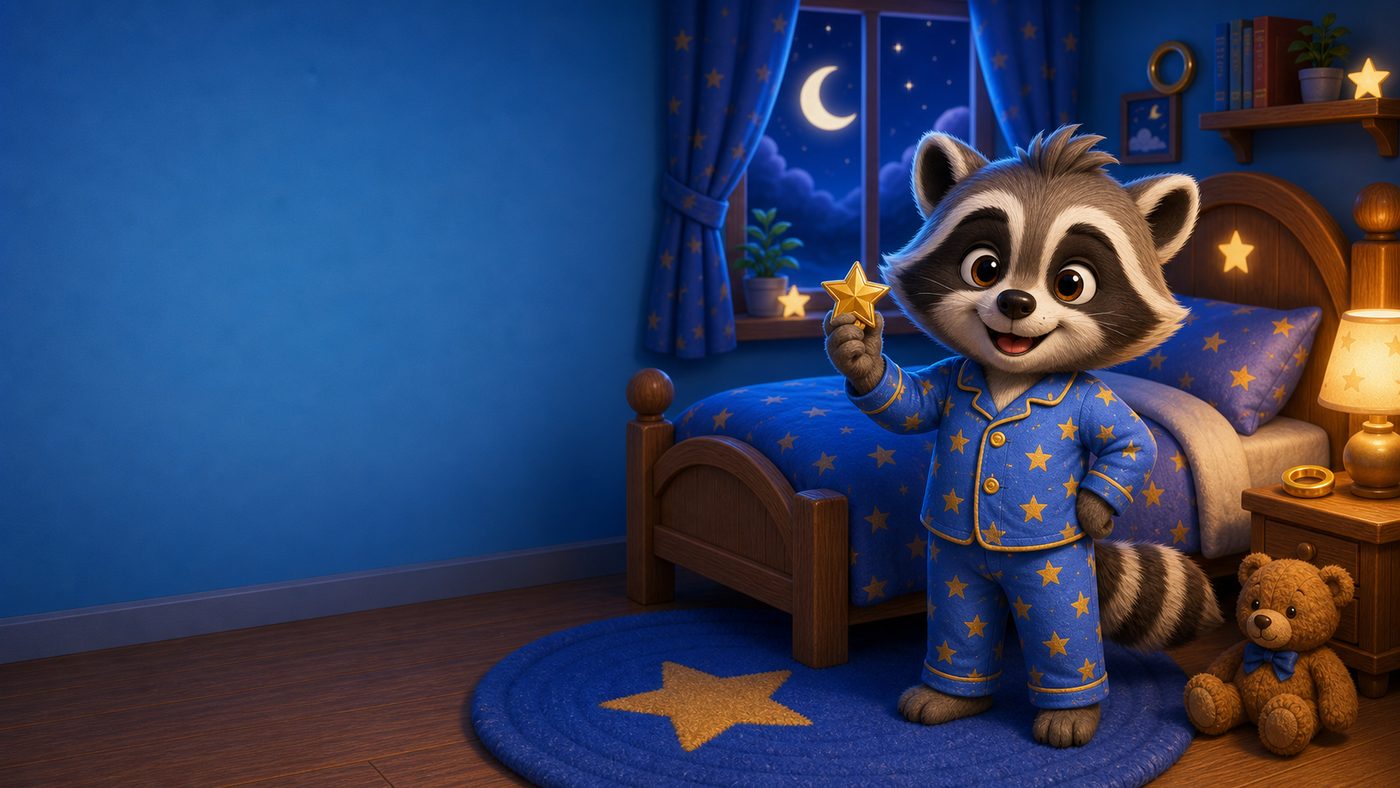 Rocky the Raccoon ready for a parent-added bedtime task