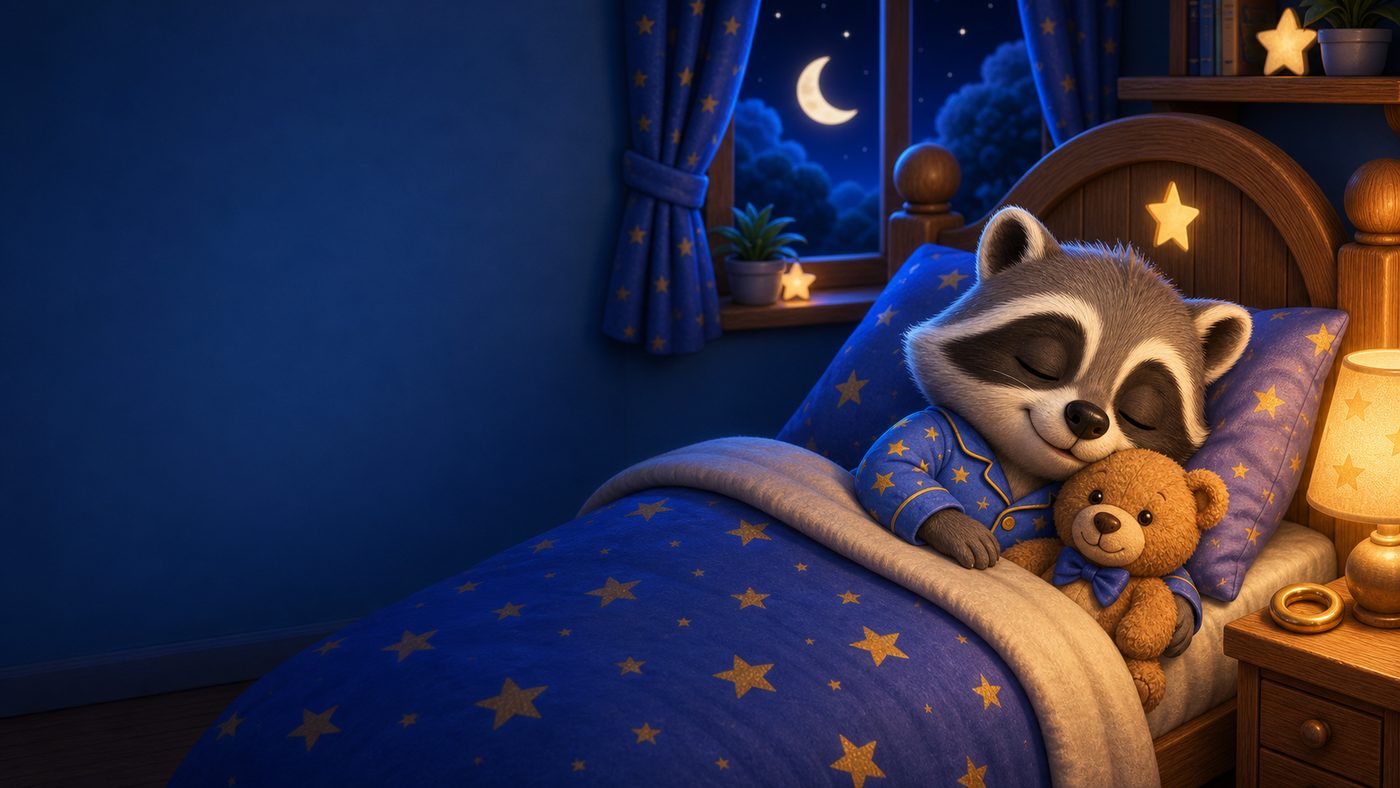 Rocky the Raccoon asleep with a teddy bear and covers pulled up