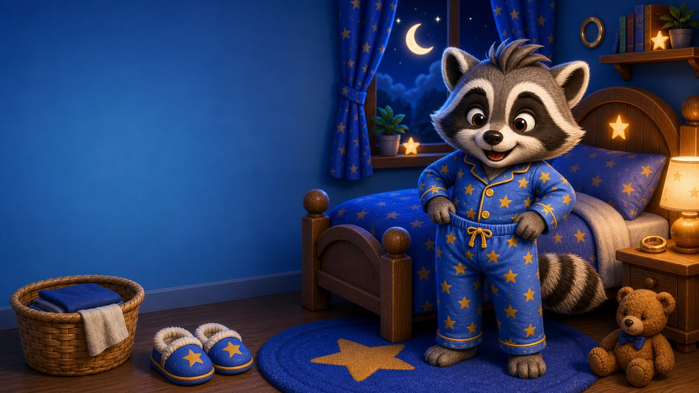 Rocky the Raccoon putting on pajamas before bed