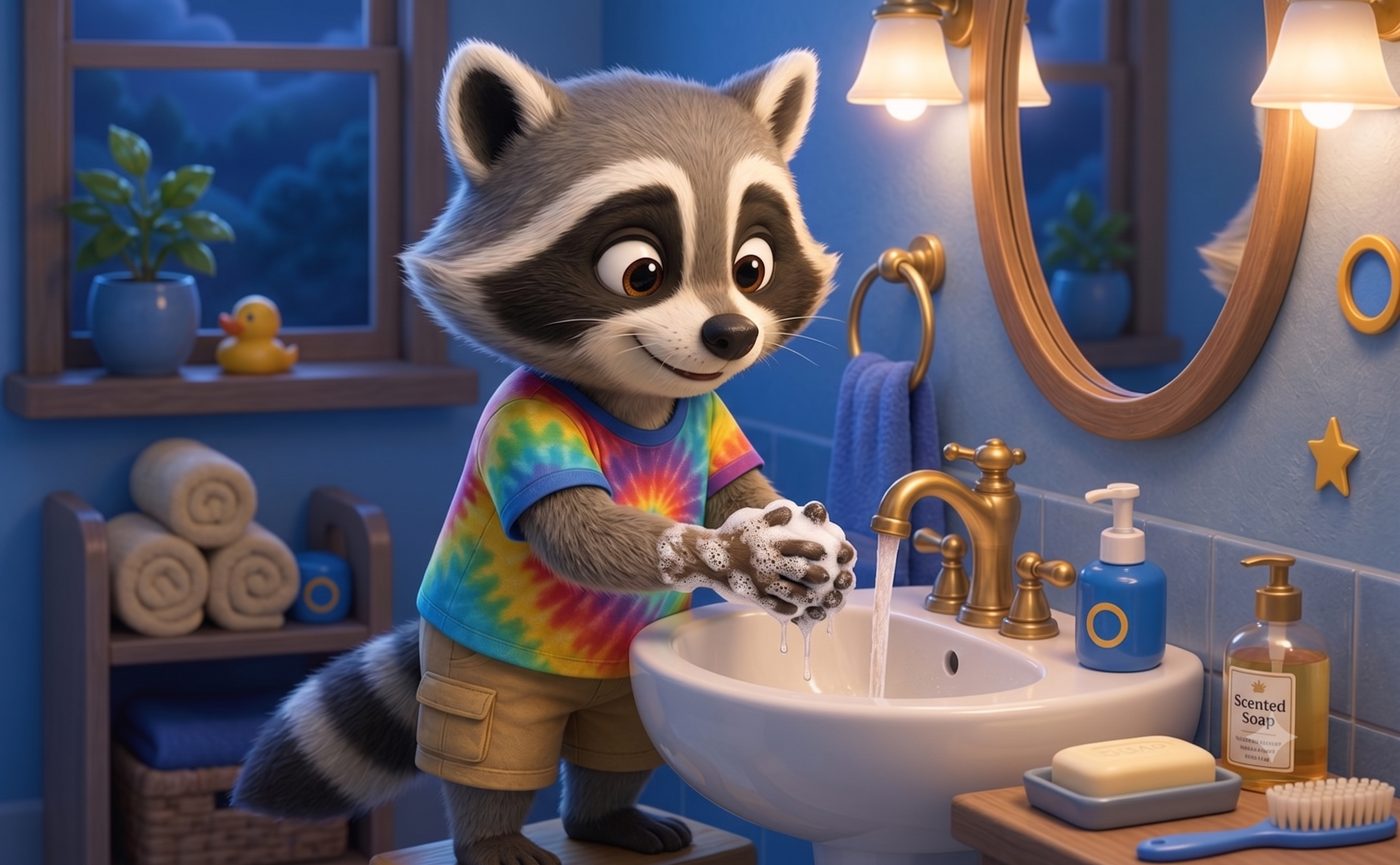 Rocky the Raccoon in a bathroom before washing hands