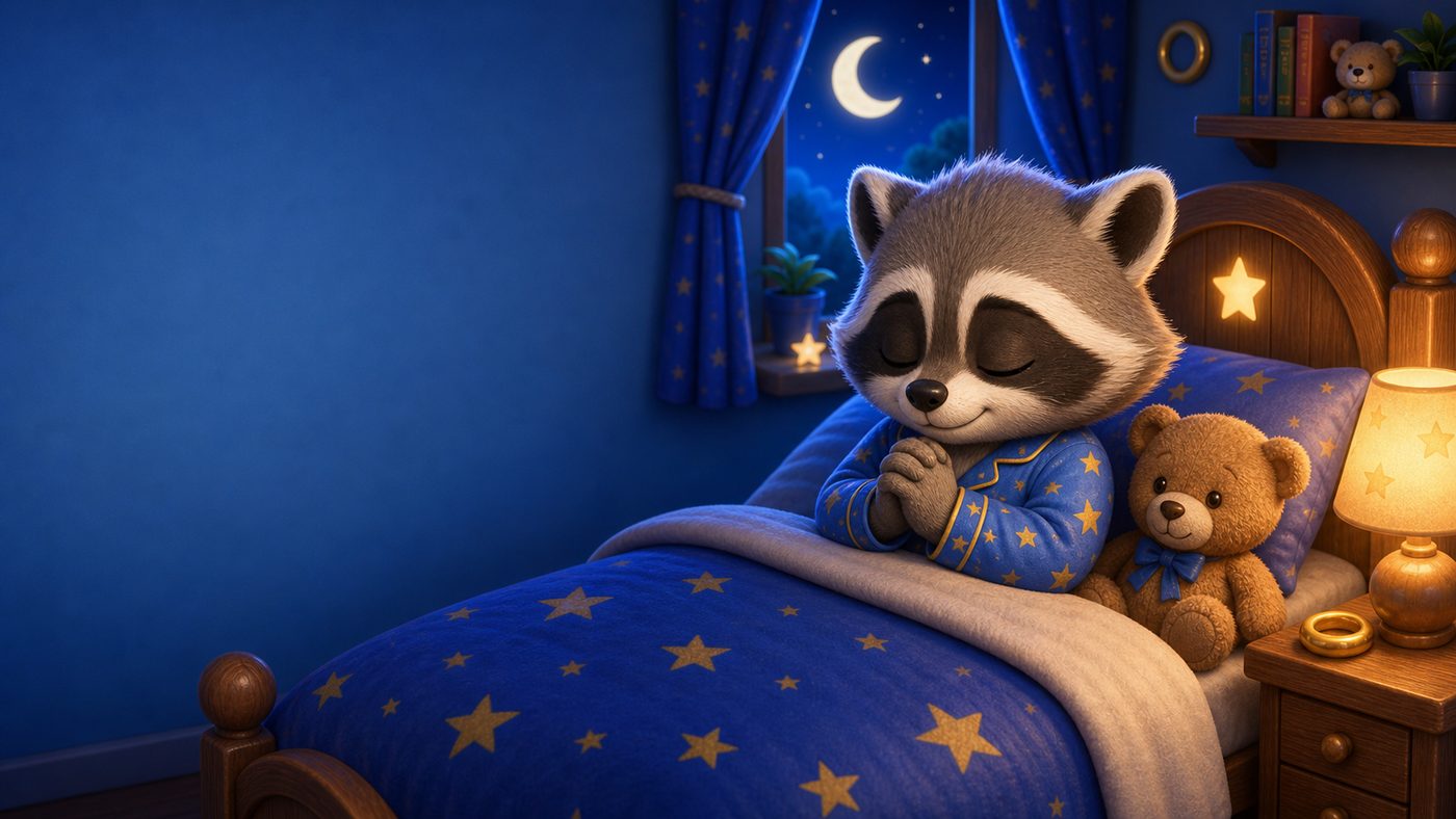 Rocky the Raccoon praying in bed with eyes closed