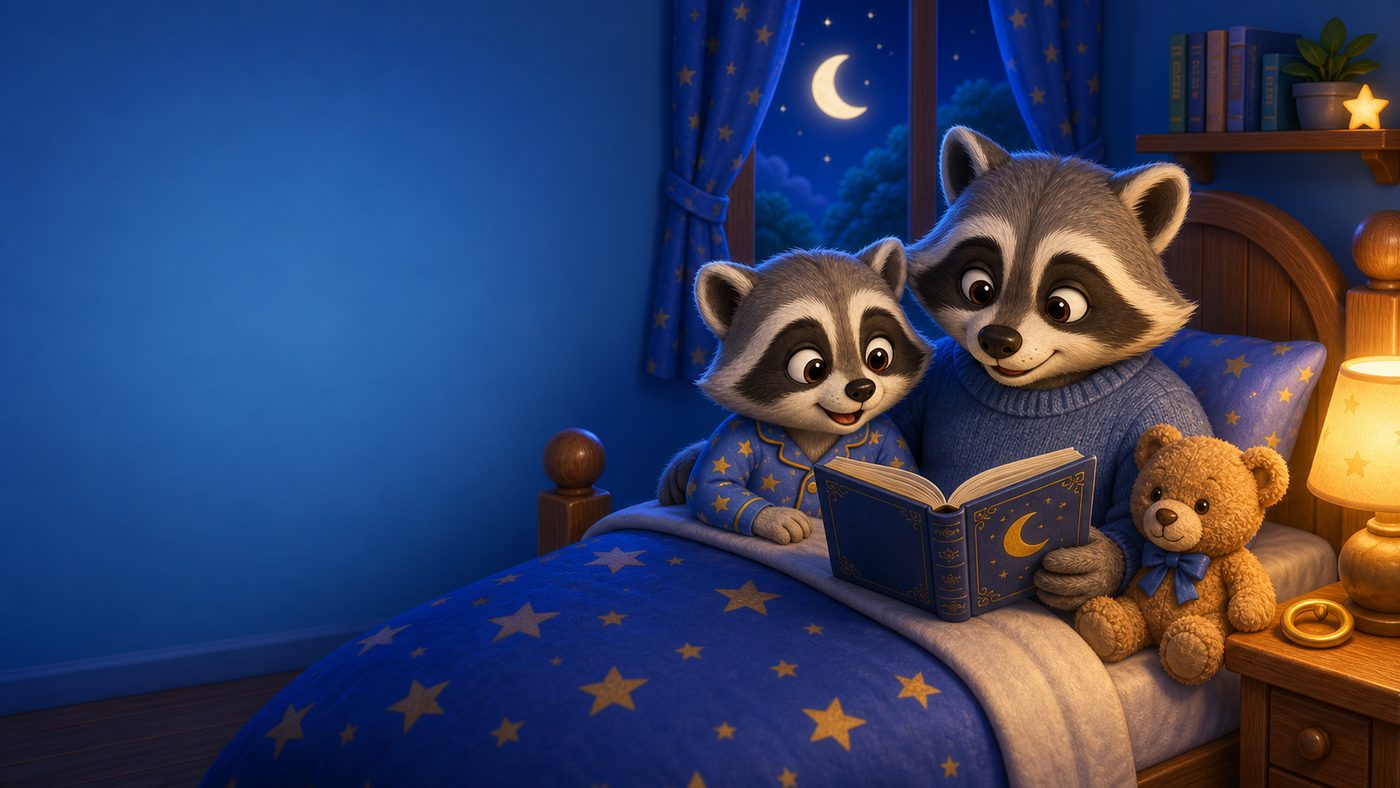 Rocky the Raccoon reading a storybook with a parent in a child's bedroom
