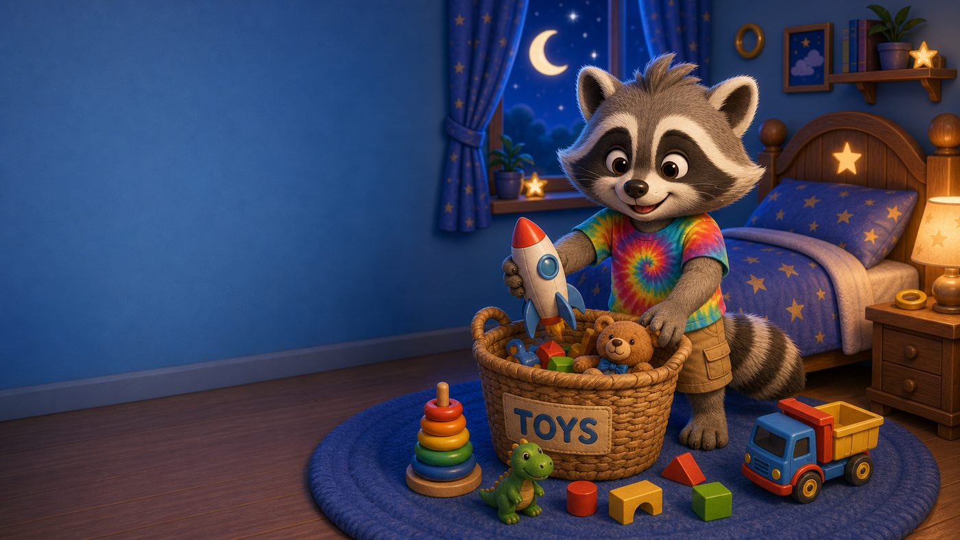 Rocky the Raccoon picking up toys into a basket